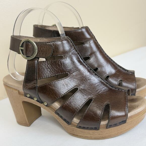Dansko Demetra Brown Wooden Heel Sandals Women’s Size 38 - Picture 2 of 14